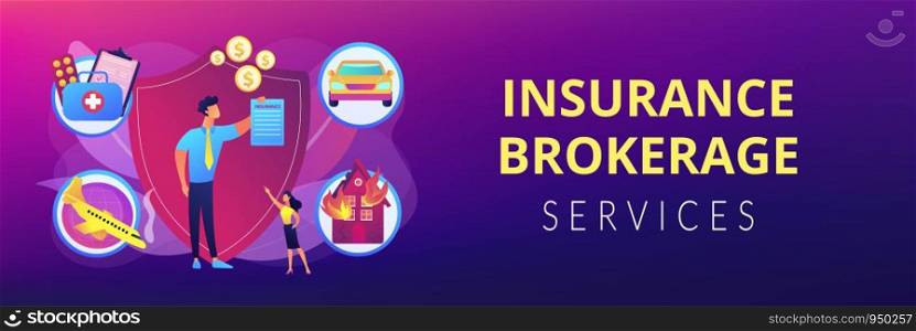 Private property, transport and life protection. Insurance broker, insurance brokerage services, insurance agent near you concept. Header or footer banner template with copy space.. Insurance broker concept banner header