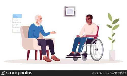 Private psychotherapy session semi flat RGB color vector illustration. Post-traumatic stress. Rehabilitation. Psychologists office. Psychology consultation. Isolated cartoon character on white