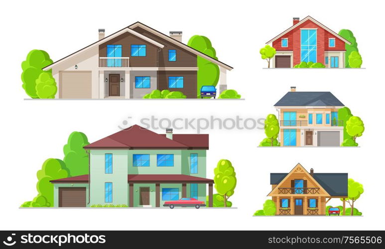 Private real estate buildings and residential houses, modern family homes. Vector cottage houses or villa apartments, urban property, with terrace, garden yard and carport garages architecture. Private houses, residential real estate buildings