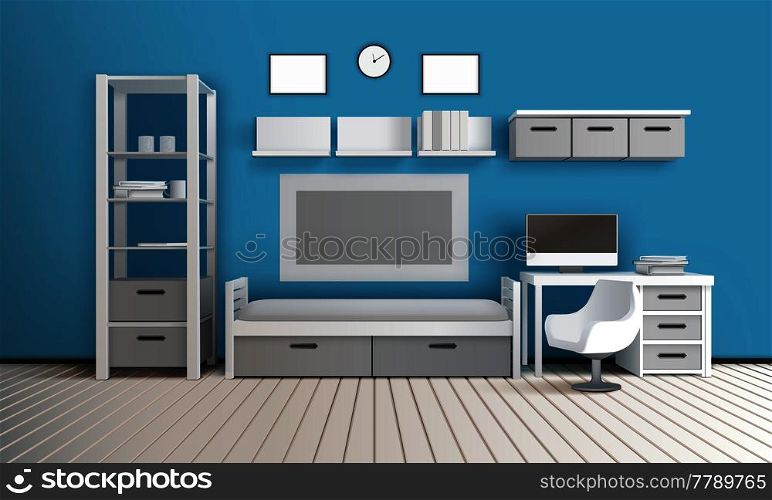 Private room realistic 3d interior composition with case shelves tv set modern chair clock and computer vector illustration. Sitting Room 3D Interior
