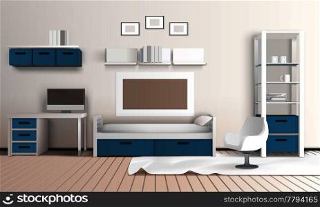 Private room realistic 3d interior with modern parlour in blue and white color scheme with domestic technics vector illustration. Keeping Room Apartment Composition