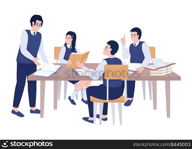 Private school students working on group project semi flat color vector characters. Editable figures. Full body people on white. Simple cartoon style illustration for web graphic design and animation. Private school students working on group project semi flat color vector characters