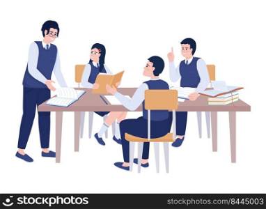 Private school students working on group project semi flat color vector characters. Editable figures. Full body people on white. Simple cartoon style illustration for web graphic design and animation. Private school students working on group project semi flat color vector characters
