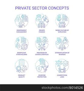 Private sector blue gradient concept icons set. Business and property ownership. Economics industry idea thin line color illustrations. Isolated symbols. Roboto-Medium, Myriad Pro-Bold fonts used. Private sector blue gradient concept icons set