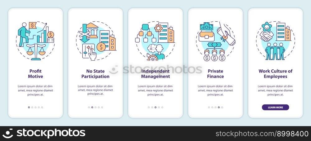 Private sector features onboarding mobile app screen. Business walkthrough 5 steps editable graphic instructions with linear concepts. UI, UX, GUI template. Myriad Pro-Bold, Regular fonts used. Private sector features onboarding mobile app screen