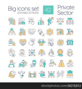 Private sector of economics RGB color icons set. Business ownership type. Development of entrepreneurship. Isolated vector illustrations. Simple filled line drawings collection. Editable stroke. Private sector of economics RGB color icons set