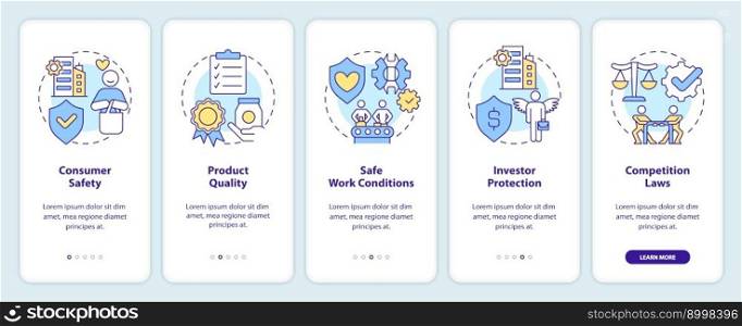 Private sector regulations onboarding mobile app screen. Control walkthrough 5 steps editable graphic instructions with linear concepts. UI, UX, GUI template. Myriad Pro-Bold, Regular fonts used. Private sector regulations onboarding mobile app screen