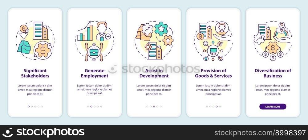 Private sector role onboarding mobile app screen. Commerce walkthrough 5 steps editable graphic instructions with linear concepts. UI, UX, GUI template. Myriad Pro-Bold, Regular fonts used. Private sector role onboarding mobile app screen