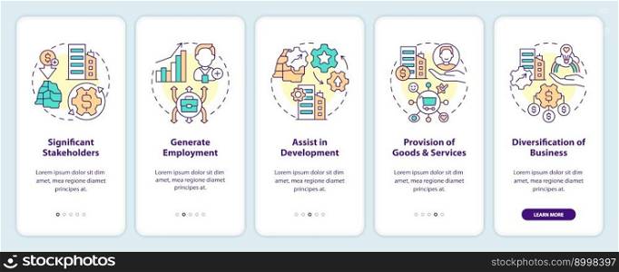 Private sector role onboarding mobile app screen. Commerce walkthrough 5 steps editable graphic instructions with linear concepts. UI, UX, GUI template. Myriad Pro-Bold, Regular fonts used. Private sector role onboarding mobile app screen