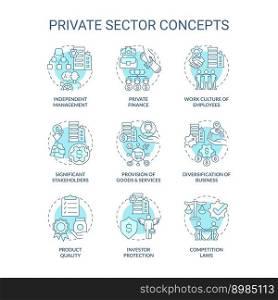 Private sector turquoise concept icons set. Business ownership. Economics industry idea thin line color illustrations. Isolated symbols. Editable stroke. Roboto-Medium, Myriad Pro-Bold fonts used. Private sector turquoise concept icons set