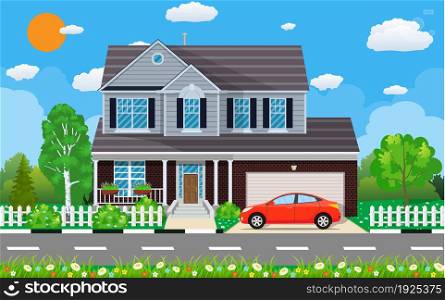 Private suburban house with car, trees, road, sky and clouds. Vector illustration in flat style. Private suburban house with car,