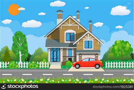 Private suburban house with car, trees, road, sky and clouds. Vector illustration in flat style. Private suburban house with car,