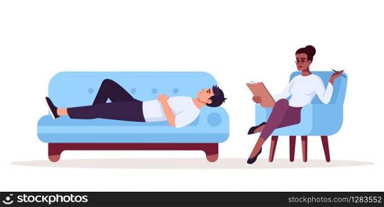 Private therapy session semi flat RGB color vector illustration. Appointment with psychologist. Patient and therapist. Psychology consultation. Isolated cartoon character on white background