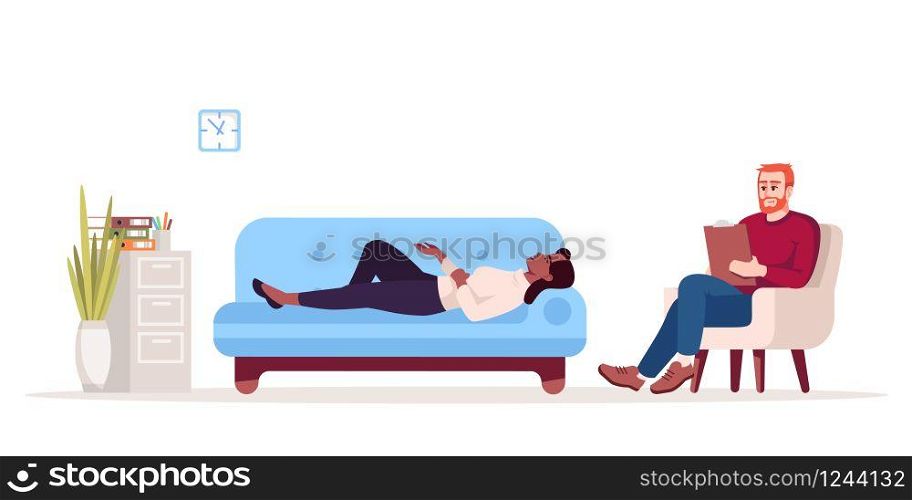 Private therapy session semi flat RGB color vector illustration. Individual appointment. Female patient and male psychologist. Psychology consultation. Isolated cartoon character on white background