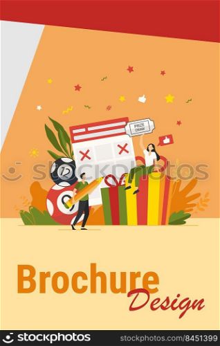 Prize draw concept. People winning lottery, getting gift box, drawing crosses on tickets, celebrating win. Vector illustration for lucky people, lottery winners, random draw topics