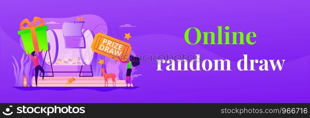 Prize draw, online random draw, promotional marketing and winning the lottery concept. Vector banner template for social media with text copy space and infographic concept illustration.. Prize draw web banner concept.