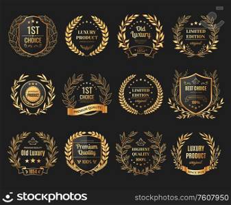 Prize emblems realistic set with laurel and wreath on black background isolated vector illustration