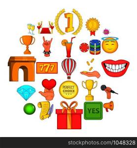 Prize icons set. Cartoon set of 25 prize vector icons for web isolated on white background. Prize icons set, cartoon style