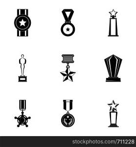 Prize icons set. Simple set of 9 prize vector icons for web isolated on white background. Prize icons set, simple style