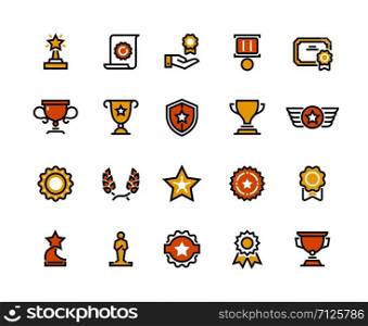 Prize line icons. Trophy medal and winner cup symbols, lottery prize and competition award. Vector colour reward set with quality diploma for message rankings high glory. Prize line icons. Trophy medal and winner cup symbols, lottery prize and competition award. Vector reward set