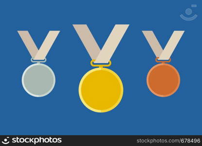 Prize medals with ribbons. Flat icon of medal templates from gold, silver and bronze.. Olympic medal templates
