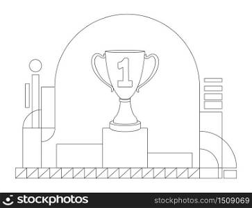 Prize on pedestal outline vector illustration. Contest victory, competition win contour composition on white background. First place prize, trophy room showcase simple style drawing