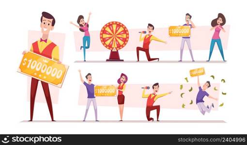 Prize winner. Characters won in lottery tickets money ticket prizes persons in casino exact vector illustrations set isolated. Winner success and prize, lucky cash. Prize winner. Characters won in lottery tickets money ticket prizes persons in casino exact vector illustrations set isolated