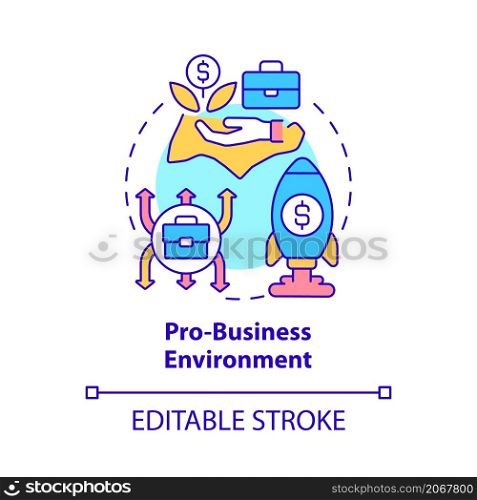 Pro-business environment concept icon. Supporting trading practice abstract idea thin line illustration. Isolated outline drawing. Editable stroke. Roboto-Medium, Myriad Pro-Bold fonts used. Pro-business environment concept icon