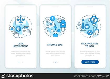 Pro choice barriers blue onboarding mobile app screen. Womens right walkthrough 3 steps editable graphic instructions with linear concepts. UI, UX, GUI template. Myriad Pro-Bold, Regular fonts used. Pro choice barriers blue onboarding mobile app screen