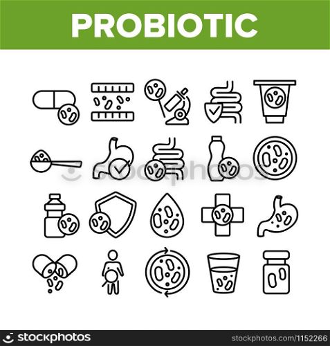 Probiotic Bacteria Collection Icons Set Vector Thin Line. Intestinal Flora And Intestinal, Healthy Yogurt And Intestine, Probiotic Concept Linear Pictograms. Monochrome Contour Illustrations. Probiotic Bacteria Collection Icons Set Vector