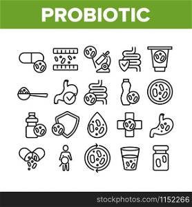 Probiotic Bacteria Collection Icons Set Vector Thin Line. Intestinal Flora And Intestinal, Healthy Yogurt And Intestine, Probiotic Concept Linear Pictograms. Monochrome Contour Illustrations. Probiotic Bacteria Collection Icons Set Vector