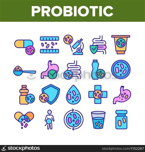 Probiotic Bacteria Collection Icons Set Vector Thin Line. Intestinal Flora And Intestinal, Healthy Yogurt And Intestine, Probiotic Concept Linear Pictograms. Color Contour Illustrations. Probiotic Bacteria Collection Icons Set Vector