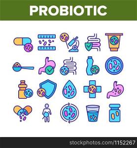 Probiotic Bacteria Collection Icons Set Vector Thin Line. Intestinal Flora And Intestinal, Healthy Yogurt And Intestine, Probiotic Concept Linear Pictograms. Color Contour Illustrations. Probiotic Bacteria Collection Icons Set Vector