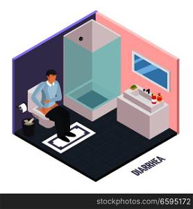 Probiotic isometric composition with human character suffering from diarrhea in toilet water closet room with text vector illustration. Stomach Upset Isometric Composition