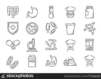 Probiotic, lactobacillus and prebiotic bacteria icons. Intestines health care, digestion problems treat and immunity microflora, probiotic capsules, yogurt and bacteria thin line vector icons set. Probiotic, lactobacillus bacteria thin line icons