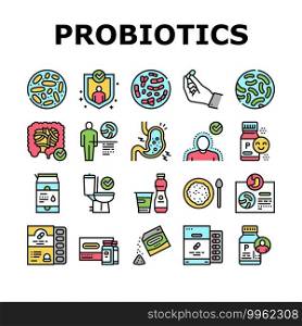 Probiotics Bacterium Collection Icons Set Vector. Dry And Liquid Probiotics, Sorption And Capsule, Lactobacillus, Bifidobacterium And Lactococcus Concept Linear Pictograms. Contour Color Illustrations. Probiotics Bacterium Collection Icons Set Vector
