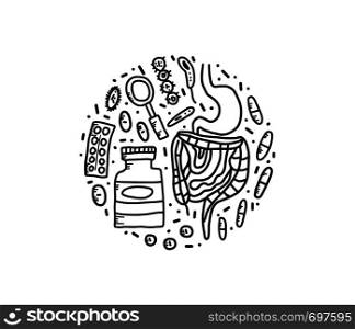 Probiotics concept in doodle style. Set of treatment of digestive system symbols. Round badge. Vector illustration.