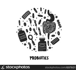 Probiotics concept. Round badge of treatment of digestive system symbols. Vector flat illustration.