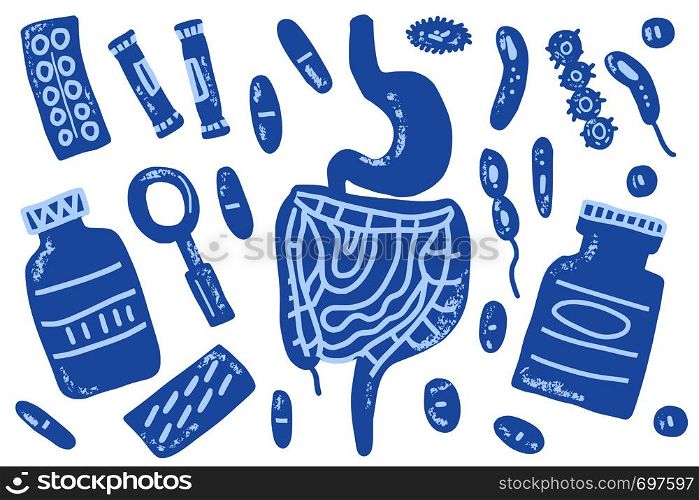 Probiotics concept. Set of treatment of digestive system symbols. Vector flat illustration.