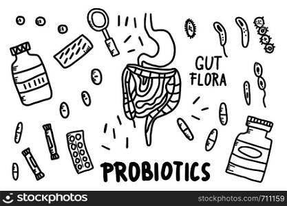 Probiotics concept. Set of treatment of digestive system symbols. Vector illustration in doodle style.