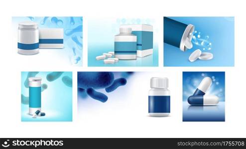 Probiotics Creative Promotional Posters Set Vector. Probiotics Pills And Capsules, Blank Containers And Packages On Advertise Banners. Medicine Treatment Style Concept Template Illustrations. Probiotics Creative Promotional Posters Set Vector