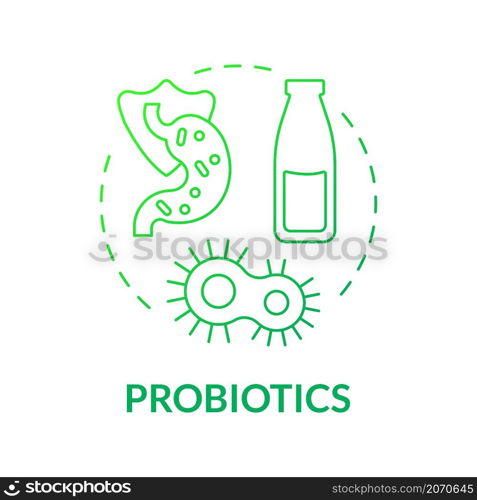 Probiotics green gradient concept icon. Gut friendly food product. Immunity boost abstract idea thin line illustration. Isolated outline drawing. Roboto-Medium, Myriad Pro-Bold fonts used. Probiotics green gradient concept icon