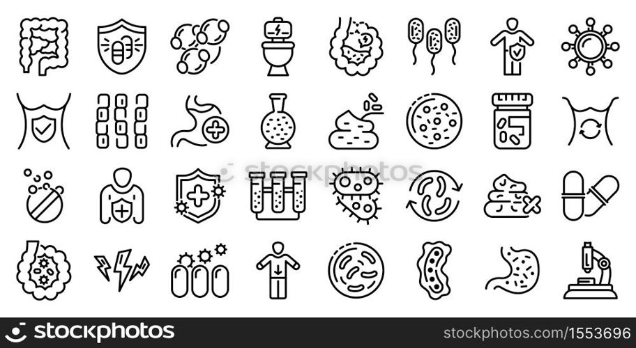Probiotics icons set. Outline set of probiotics vector icons for web design isolated on white background. Probiotics icons set, outline style