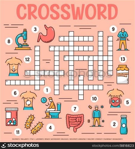 Probiotics, intestines health care crossword grid worksheet. Find a word quiz, vector work puzzle game with human immunity and digestion treatment symbols, stomach, microscope and pills, bacteria. Probiotics, intestines health care crossword game