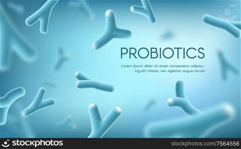 Probiotics lacto bacteria, healthy nutrition and digestion healthcare vector concept. Probiotcis lactobacillus acidophilus bacteria cells on blue background for prebiotic food package. Probiotics lacto bacteria healthy nutrition
