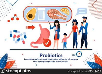 Probiotics Medicines, Digestive Disorders Treatment Trendy Flat Vector Vector Banner, Poster Template. Female Doctor Explaining to Family Probiotics Benefits, Healthy Nutrition Rules Illustration