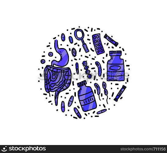 Probiotics round concept. Set of treatment of digestive system symbols in doodle style. Vector illustration.