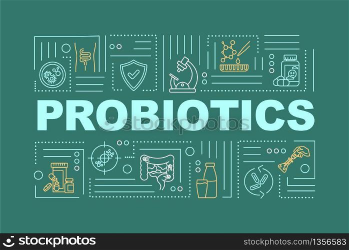 Probiotics word concepts banner. Microorganism for digestion aid. Healthy lactobacillus. Infographics with linear icons on green background. Isolated typography. Vector outline RGB color illustration