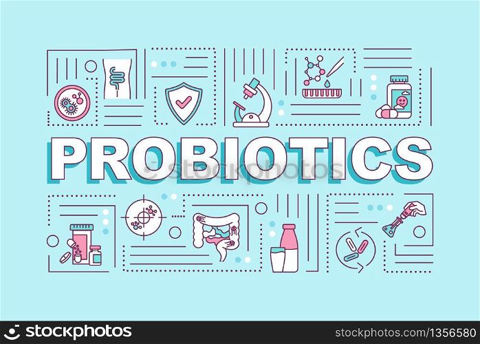 Probiotics word concepts banner. Vitamin supplement for healthy diet. Infographics with linear icons on turquoise background. Isolated typography. Vector outline RGB color illustration