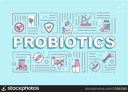 Probiotics word concepts banner. Vitamin supplement for healthy diet. Infographics with linear icons on turquoise background. Isolated typography. Vector outline RGB color illustration